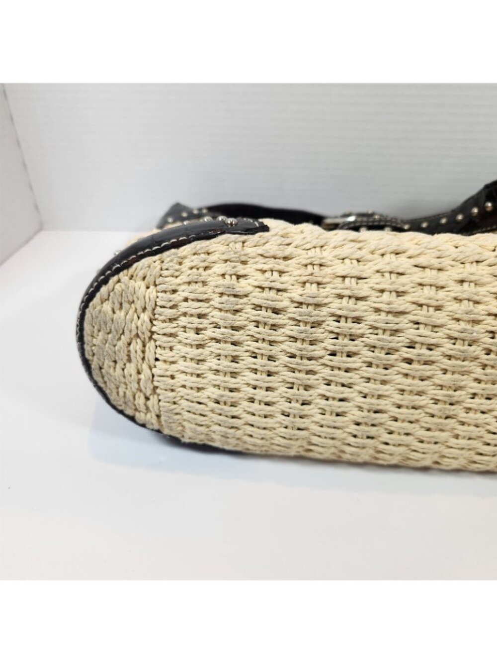 Brighton Woven Tan Straw Studded Brown Leather Handbag Purse Bag DEFECT STRAP - Picture 9 of 16